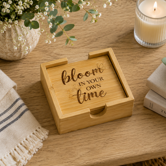 A set of 4 bamboo wood coasters decorated with inspirational quotes and stored in a matching bamboo box. The set is on a wooden coffee table.