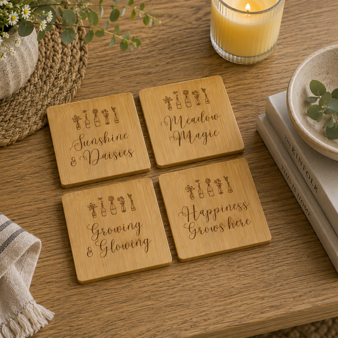A set of 4 bamboo wood coasters decorated with inspirational quotes about growing and mindfulness. The coasters are set on a wooden coffee table with books and a candle.
