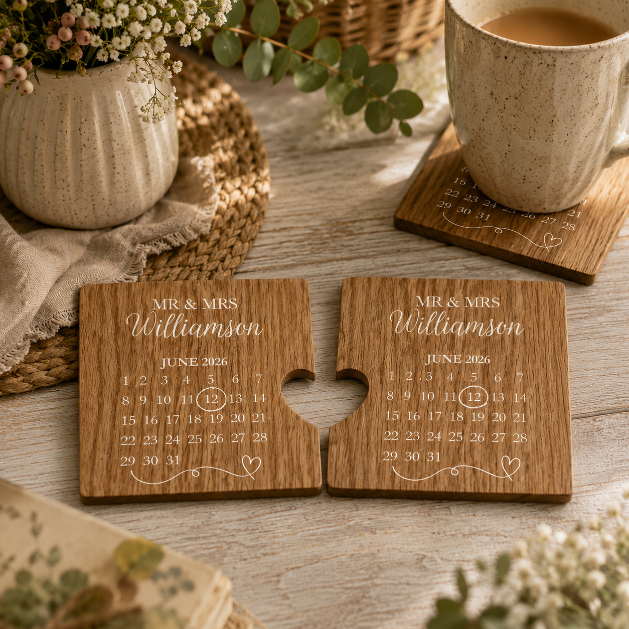A set of 2 oak coasters personalised with a wedding or anniversary calendar and the couple's name in white text. The coasters are set on a wooden table with a cup of tea.