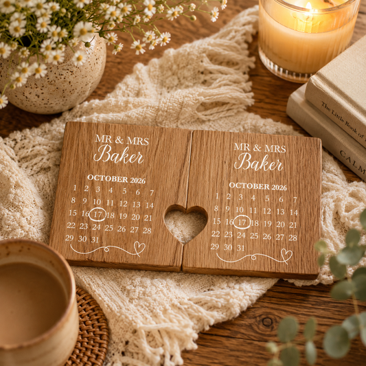 A set of 2 oak coasters personalised with a wedding or anniversary calendar and the couple's name in white text. The coasters are set on a wooden table with a candle.