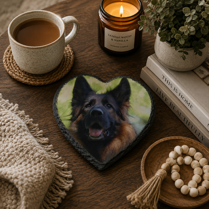 Heart-shaped personalised slate coaster with a dog's face on a wooden table with a cup of coffee, candle, and books.