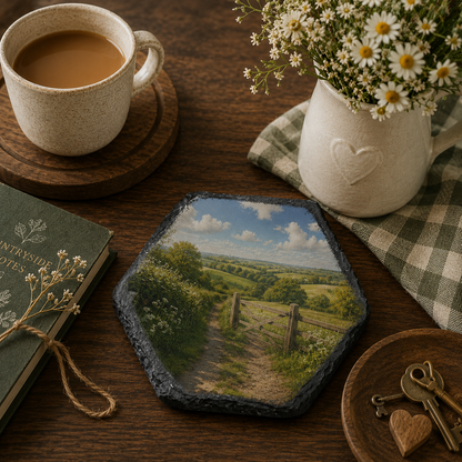 Personalised hexagonal coaster with a landscape photo on a wooden table with a candle, mug, and plant.
