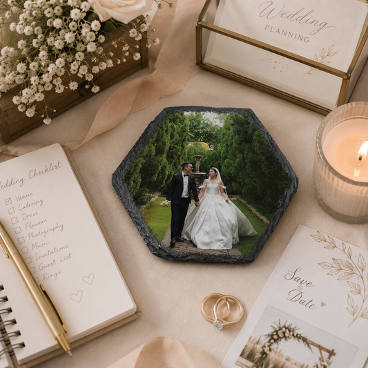 Personalised photo hexagonal coaster with a wedding photo on a wooden table with a candle, mug, and plant.