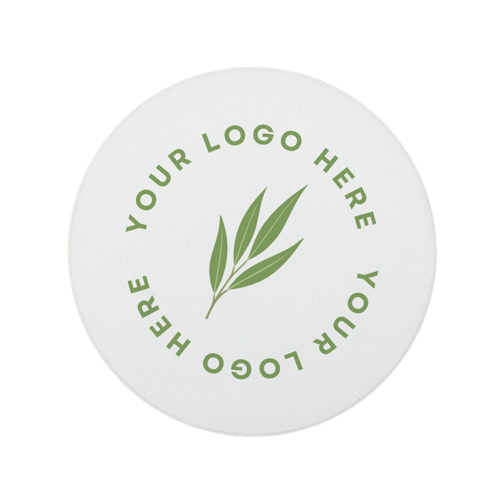 A round ceramic coaster personalised with a business logo. Your logo here.