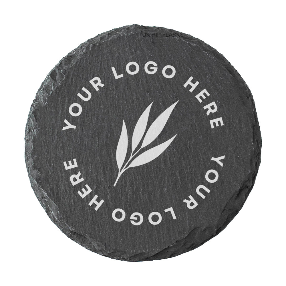 A round dark grey slate coaster personalised with a business logo in white. Your logo here.