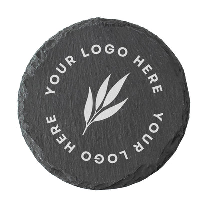 A round dark grey slate coaster personalised with a business logo in white. Your logo here.