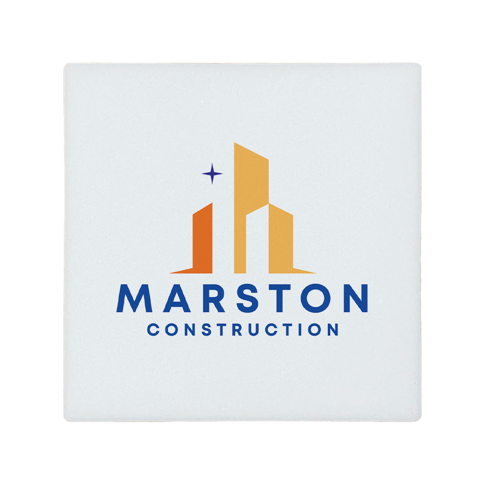 A square ceramic coaster personalised with a construction business logo. Your logo here. 