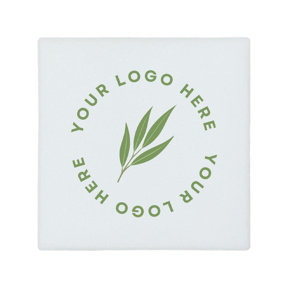 A square ceramic coaster personalised with a business logo. Your logo here. 