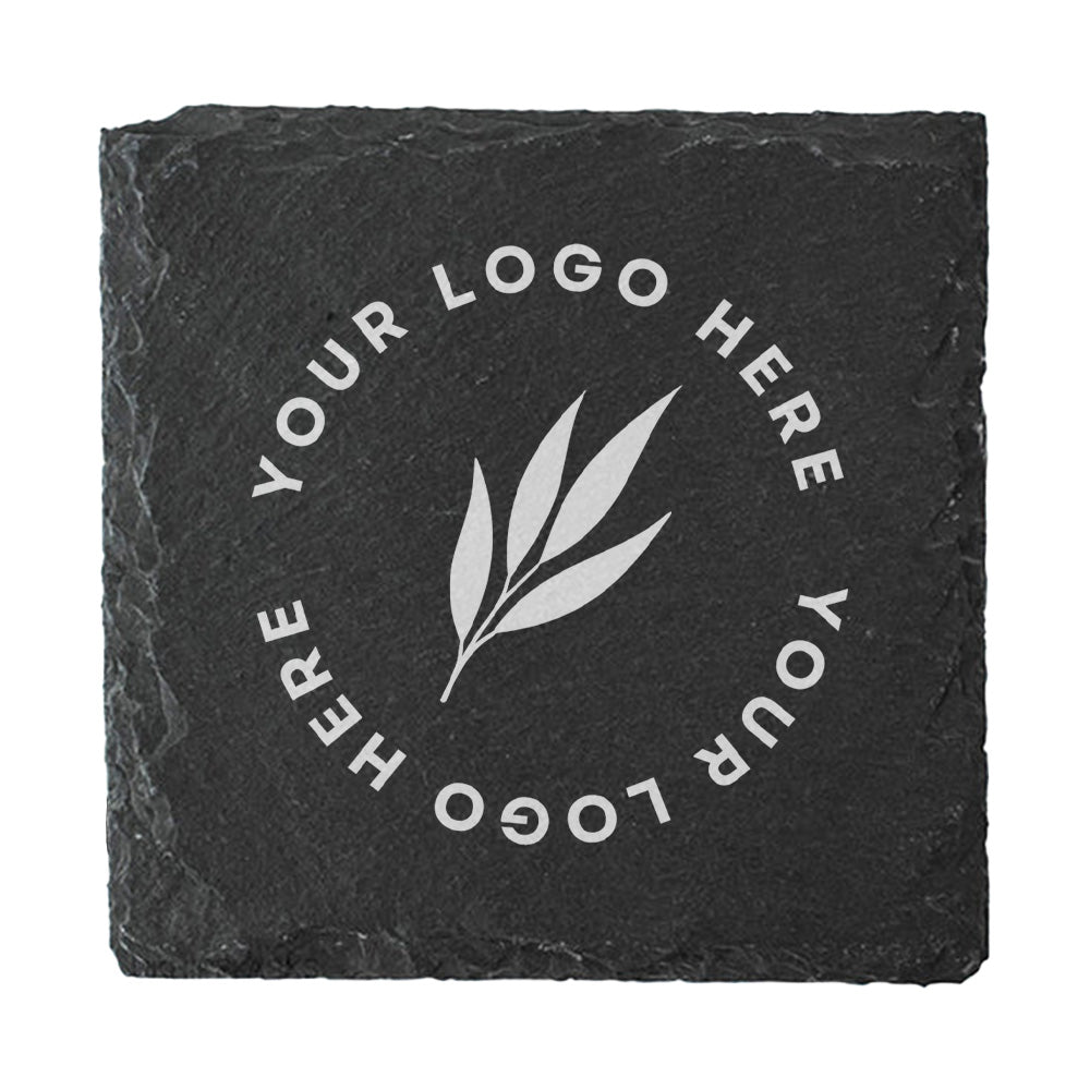 A square dark grey slate coaster personalised with a business logo in white. Your logo here.