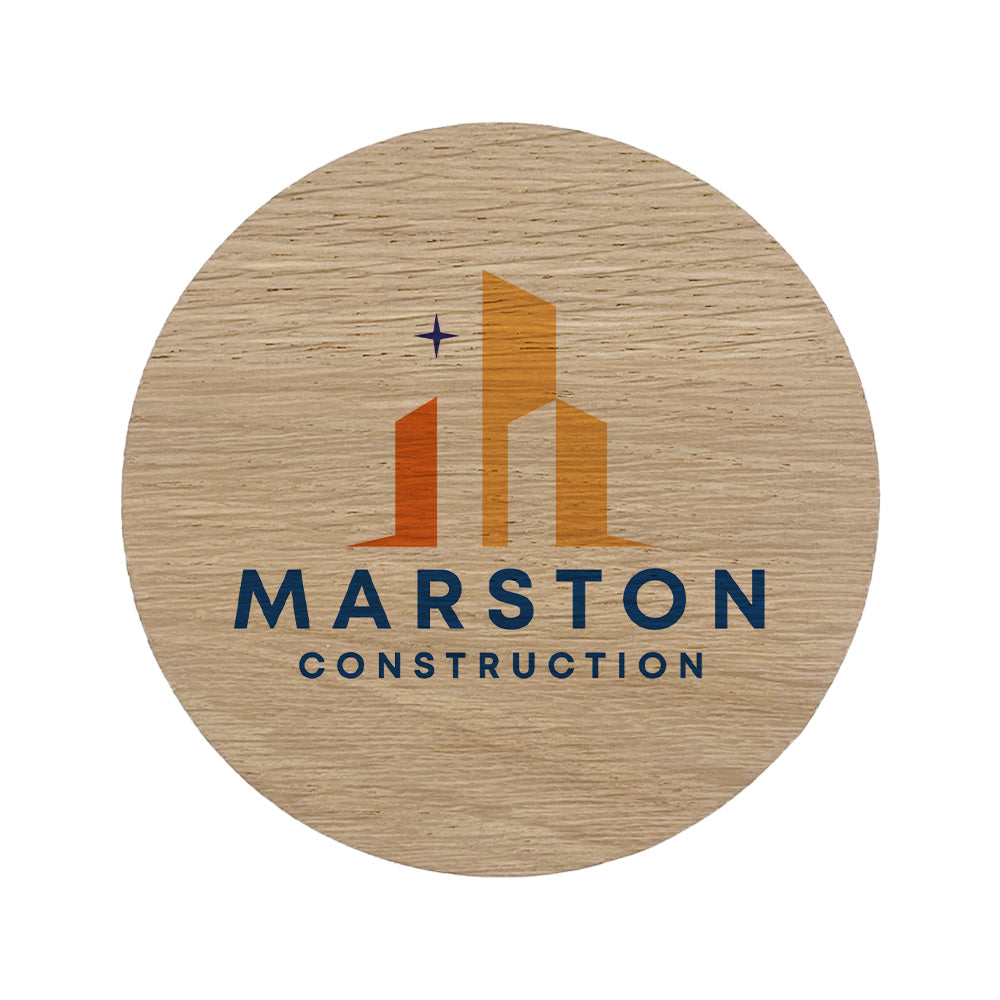 Round wooden coaster, personalised with a construction business logo in colour. Your logo here.