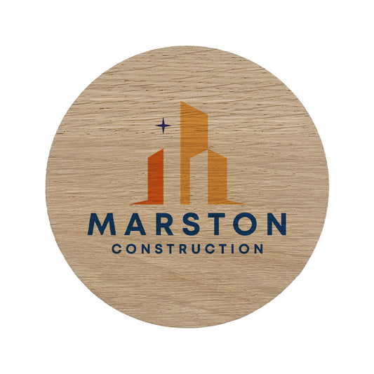 Round wooden coaster, personalised with a construction business logo in colour. Your logo here.