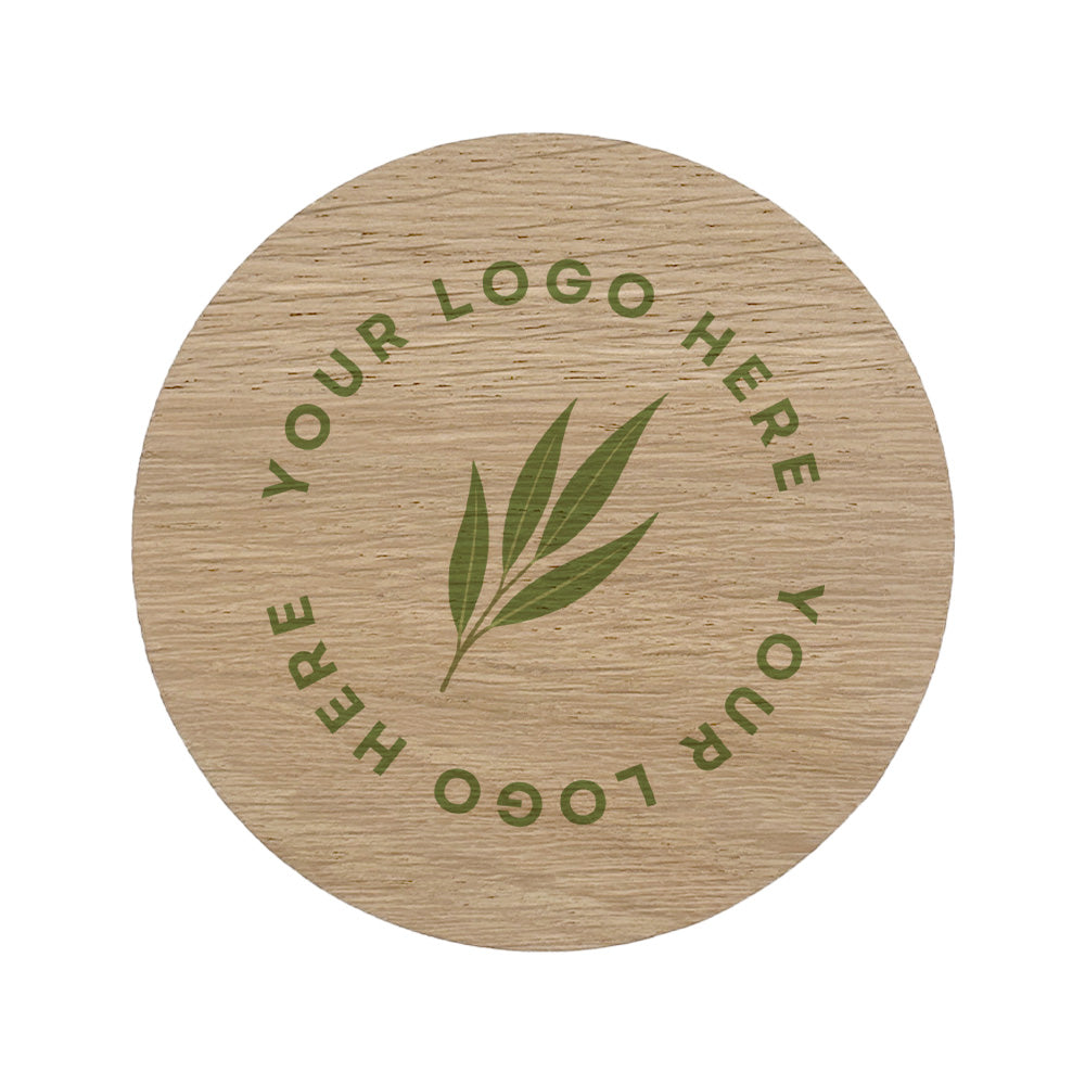 Round wooden coaster personalised with a business logo in colour. Your logo here.