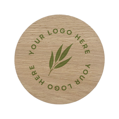 Round wooden coaster personalised with a business logo in colour. Your logo here.