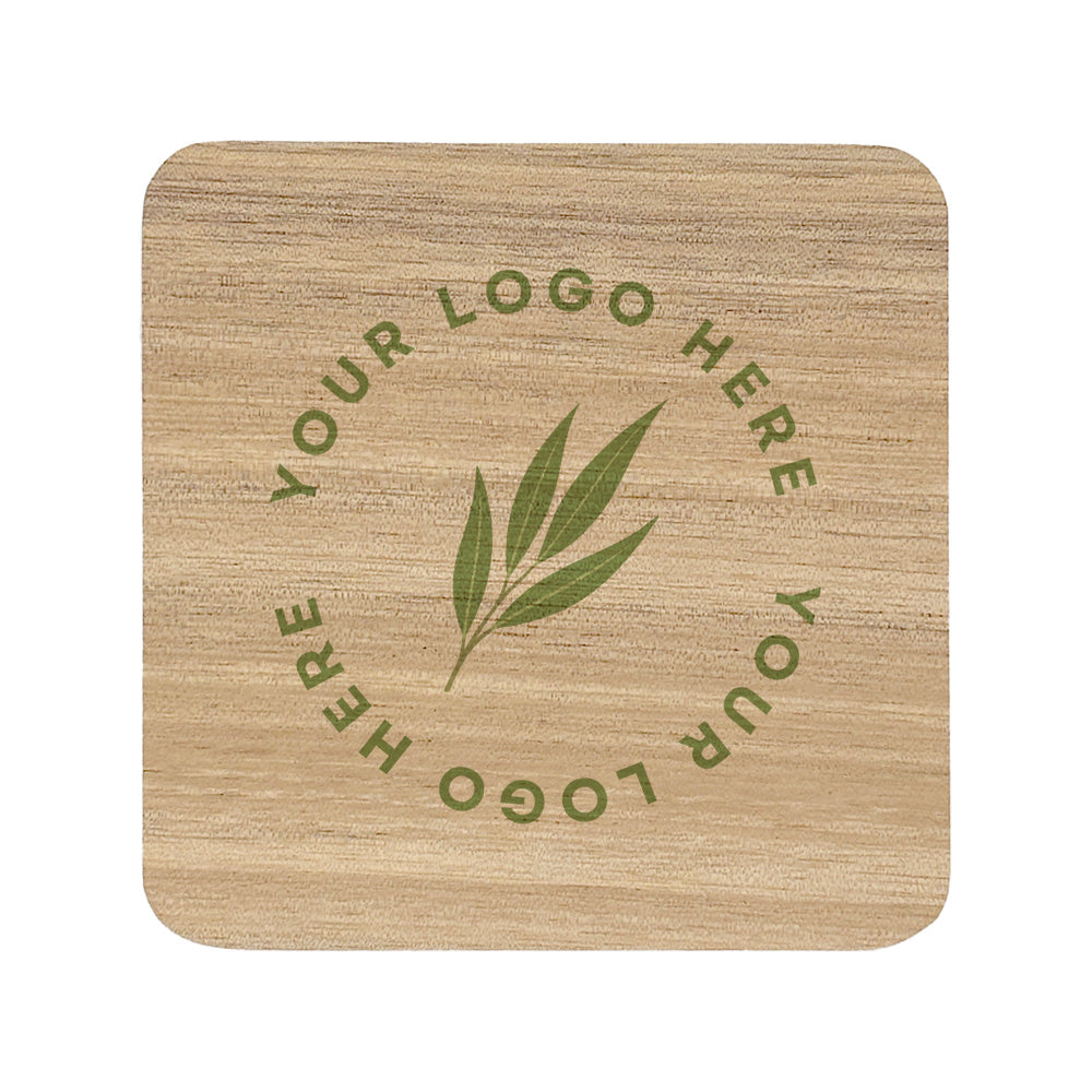 A square wooden coaster with rounded corners, personalised with a business logo in colour. Your logo here.