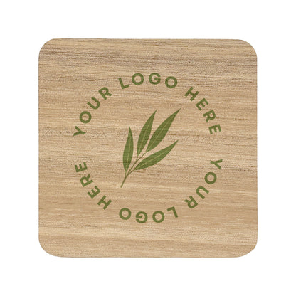 A square wooden coaster with rounded corners, personalised with a business logo in colour. Your logo here.