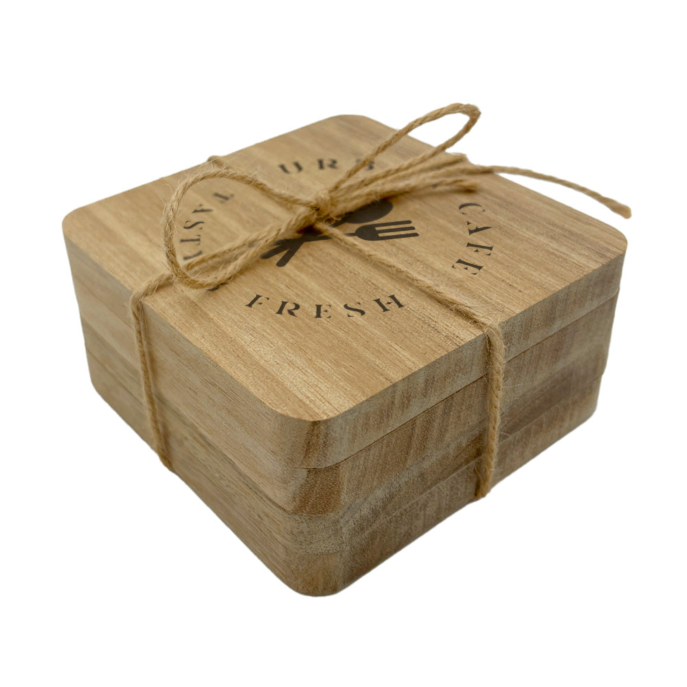 A set of 4 square wooden coaster with rounded corners, personalised with a business logo in colour. Your logo here.