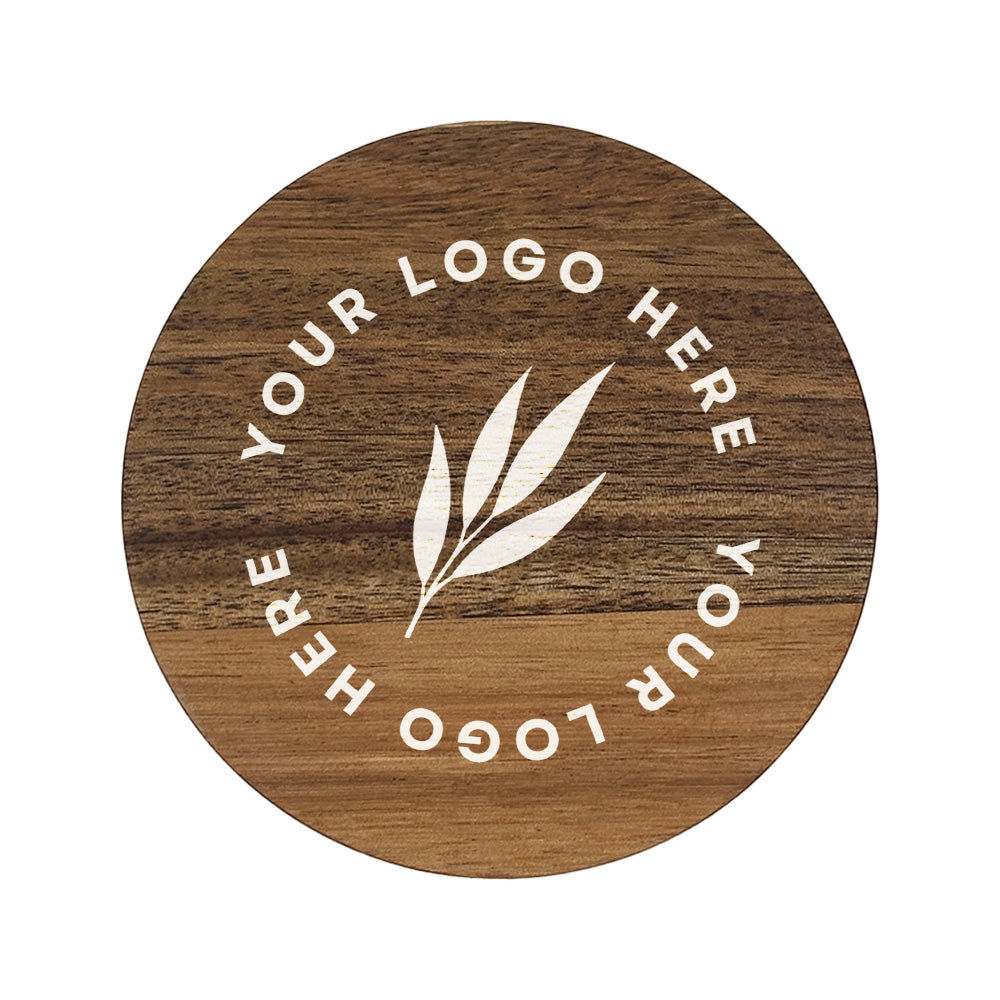 A round wooden coaster personalised with a business logo in white. Your logo here.
