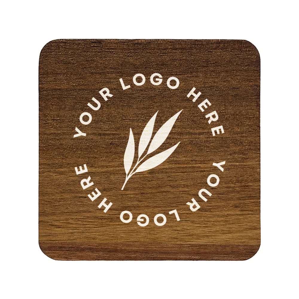 A square wooden coaster with rounded corners, personalised with a business logo in white. Your logo here.