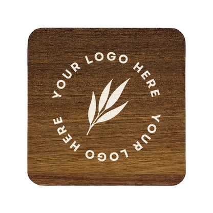 A square wooden coaster with rounded corners, personalised with a business logo in white. Your logo here.