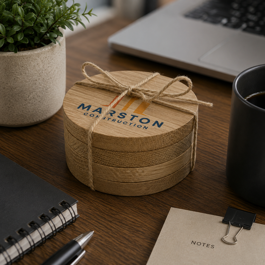 A round stack of four natural oak wood coasters tied with twine and printed with a personalised logo sits on a wooden desk surrounded by office props like a laptop, notebook, and plant.
