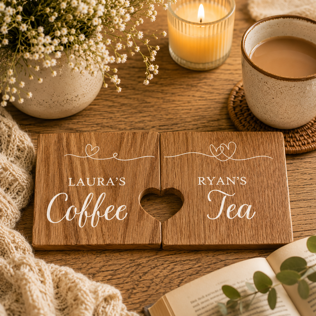 A set of 2 personalised oak coasters with a cut out heart created when the coasters are placed together. The personalised text has a name on each coaster and their favourite hot drink e.g. 'Ryan's Tea'.