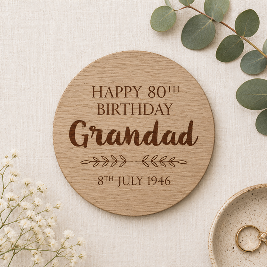 Personalised wooden round coaster with 'Happy 80th Birthday Grandad' text on a light background with flowers and a ring.