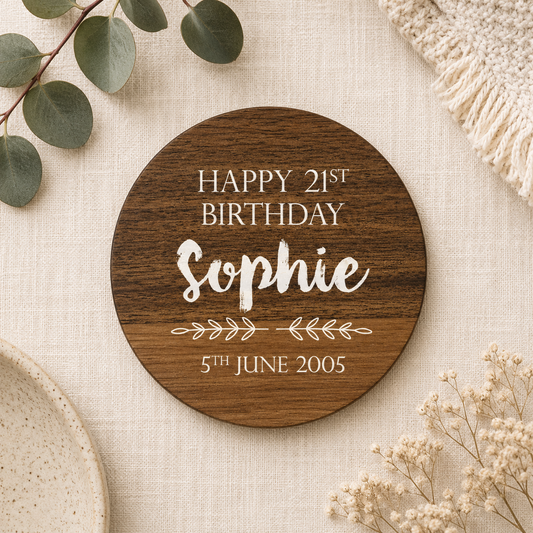 Round acacia wood coaster with 'Happy 21st Birthday Sophie' text on a beige background with decorative elements.