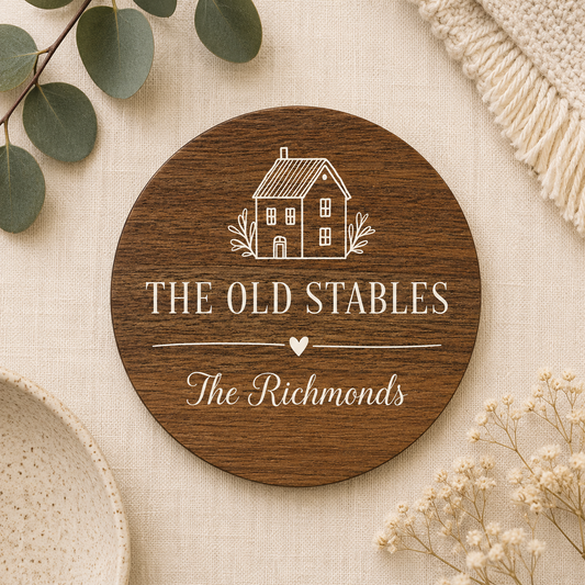 Round wooden coaster with personalised house name and family name text on a beige surface with decorative elements.
