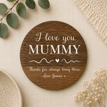 Wooden coaster with 'I love you MUMMY' personalised text on a beige background with decorative elements.