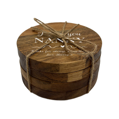 Personalised Round Varnished Acacia Wood Coaster - I love you 'name'