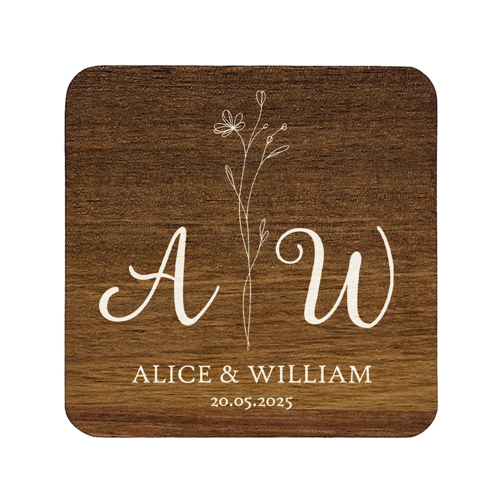 Personalised square wooden coaster with 'Alice & William' and a floral design on a white background