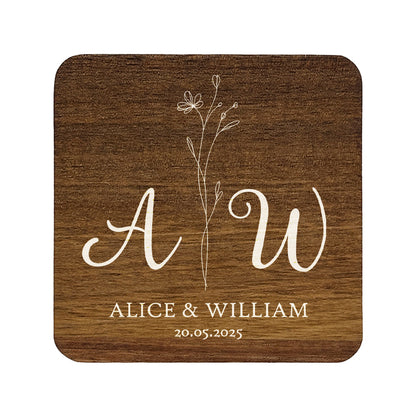 Personalised square wooden coaster with 'Alice & William' and a floral design on a white background