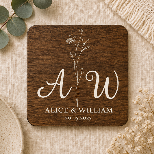 Square wooden coaster with personalised initials 'AW' and names 'Alice & William' on a beige fabric background.
