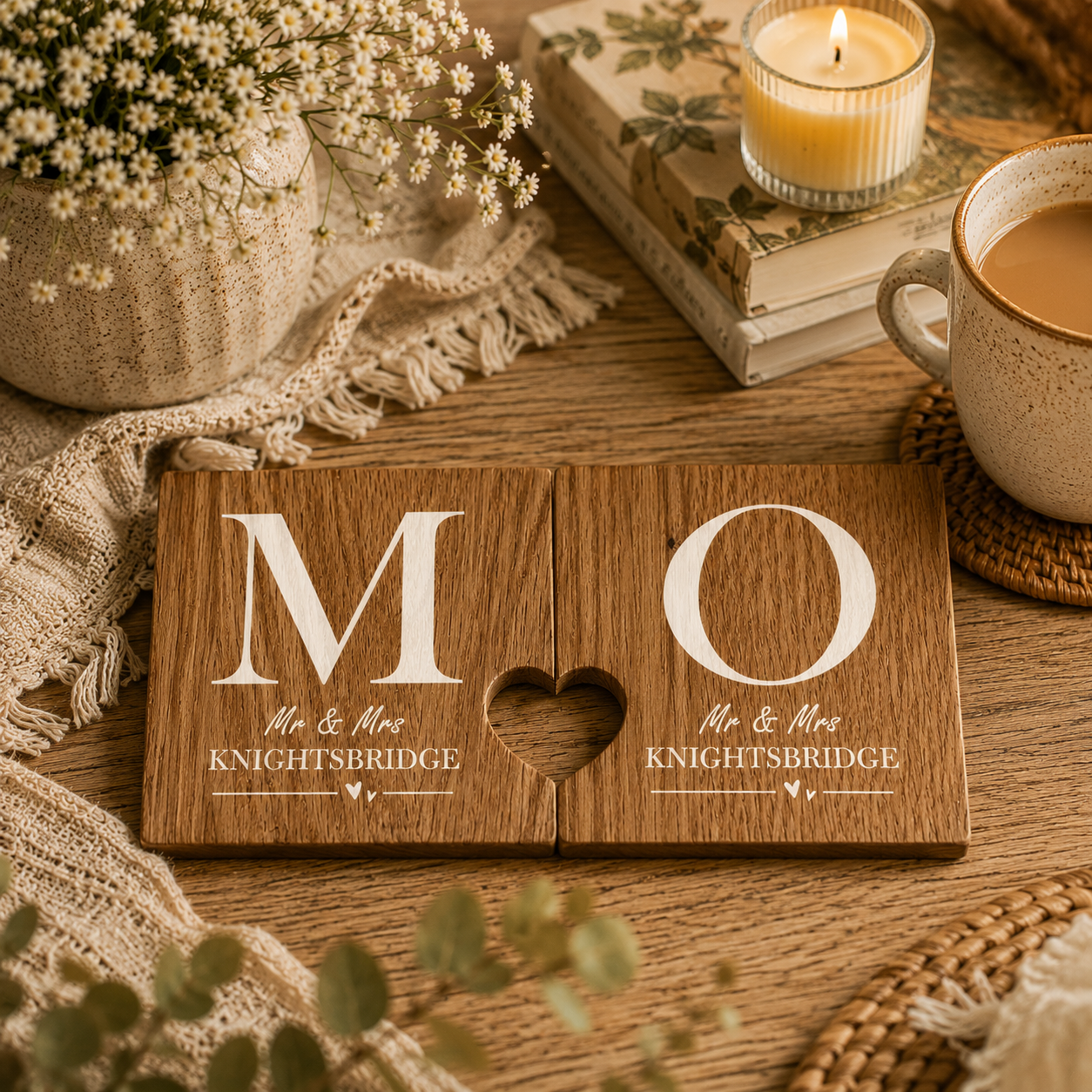 A set of 2 oak wooden coasters personalised with couple's initials and married name. When placed together the cut-out on each coaster forms a heart shape. The coasters are on a wooden table with tea and books.