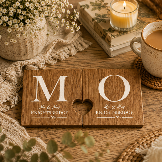 A set of 2 oak wooden coasters personalised with couple's initials and married name. When placed together the cut-out on each coaster forms a heart shape. The coasters are on a wooden table with tea and books.