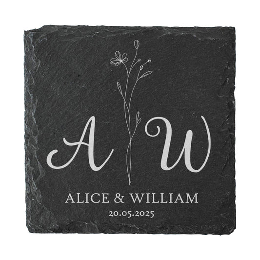 Square slate coaster personalised with a couple's initials, names and date.