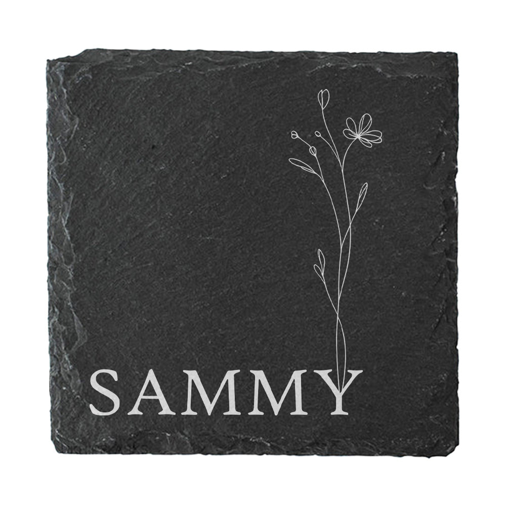 Square slate coaster personalised with a custom name and floral illustration