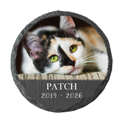 A round black slate coaster featuring a photo of a black, white, and calico cat with green eyes, with the text 'PATCH 2019 - 2026' printed on a dark grey section at the bottom, shown on a plain white background.