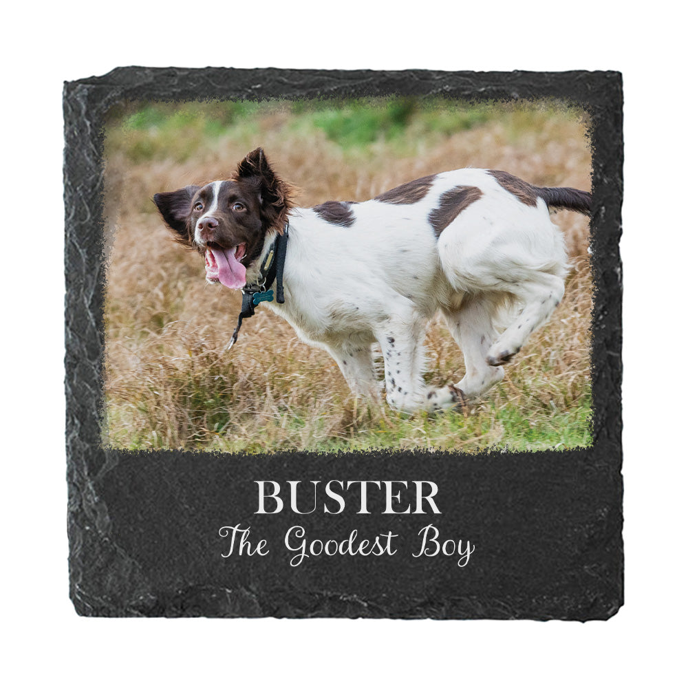 A square black slate photo coaster featuring a printed image of a brown and white dog in a field, with the text 'BUSTER The Goodest Boy' in white script on the bottom panel, shown on a plain white background.