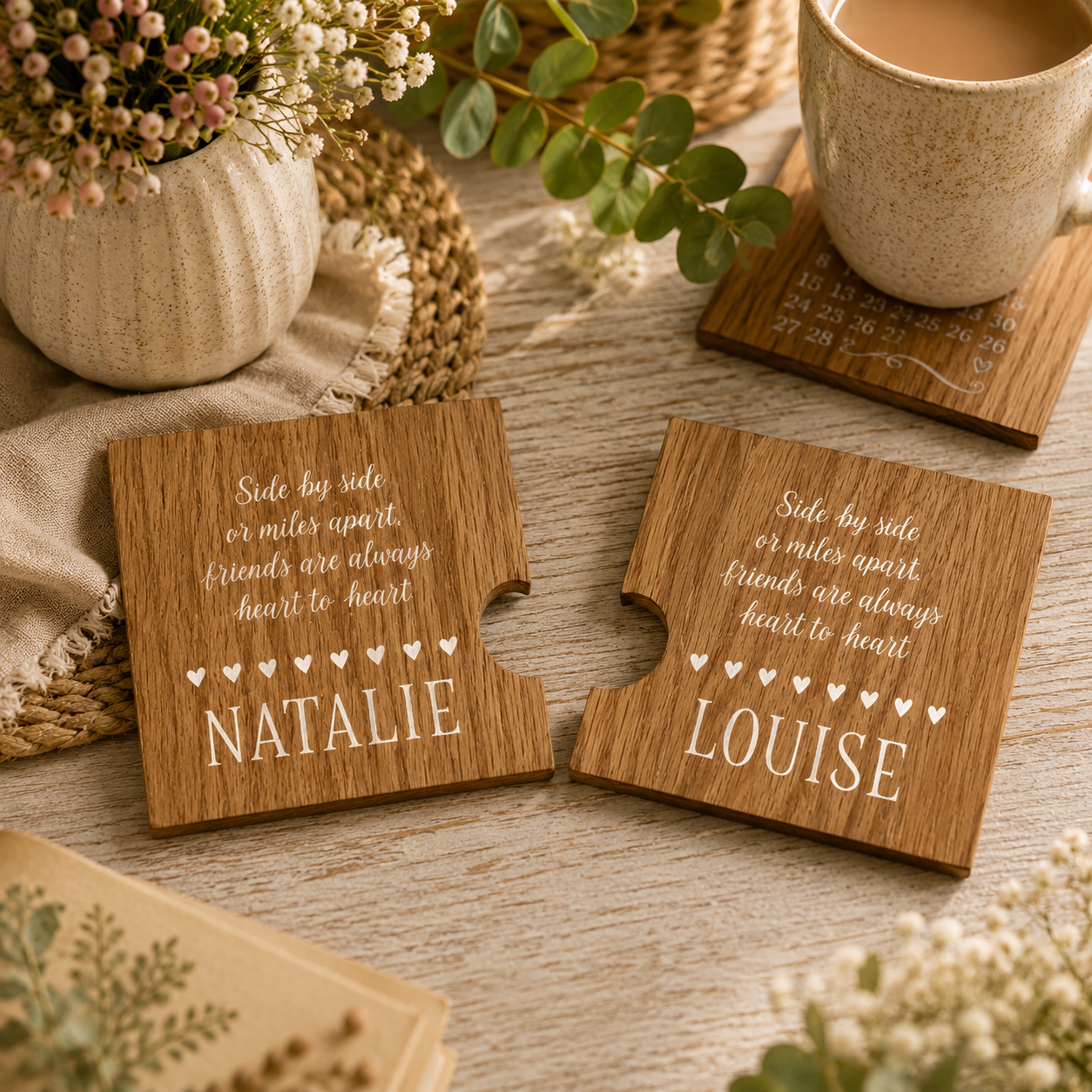 A set of 2 oak wooden coasters with a friendship quote and personalised with best friend's names. When placed together the cut-out on each coaster forms a heart shape. The coasters are on a wooden table with tea and books.