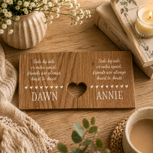A set of 2 oak wooden coasters with a friendship quote and personalised with best friend's names. When placed together the cut-out on each coaster forms a heart shape. The coasters are on a wooden table with tea and books.
