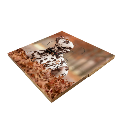 A set of 4 bamboo coasters printed with a pet photo of a dalmatian dog. The coasters fit together as a jigsaw puzzle to complete the image.