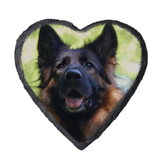 Heart-shaped slate coaster with a photo of a German shepherd dog.