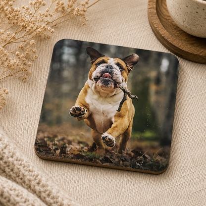 Wooden coaster personalised with a pet photo on a textured surface