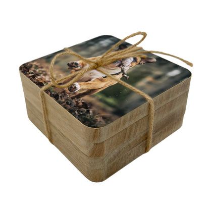 Set of square wooden coasters personalised with a pet photo.