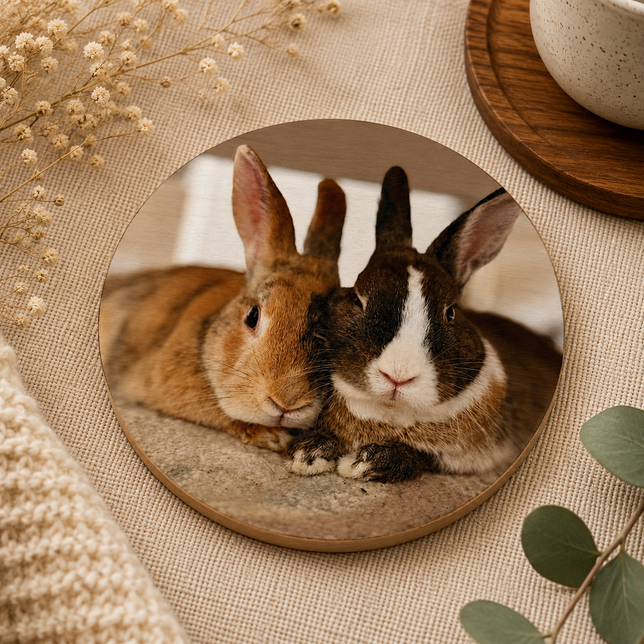 Round wooden coaster personalised with a custom pet photo, on a table.