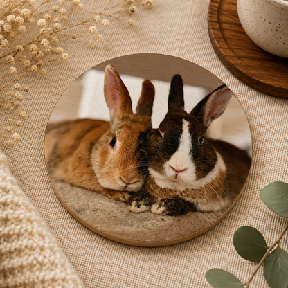 Round wooden coaster personalised with a custom pet photo, on a table.