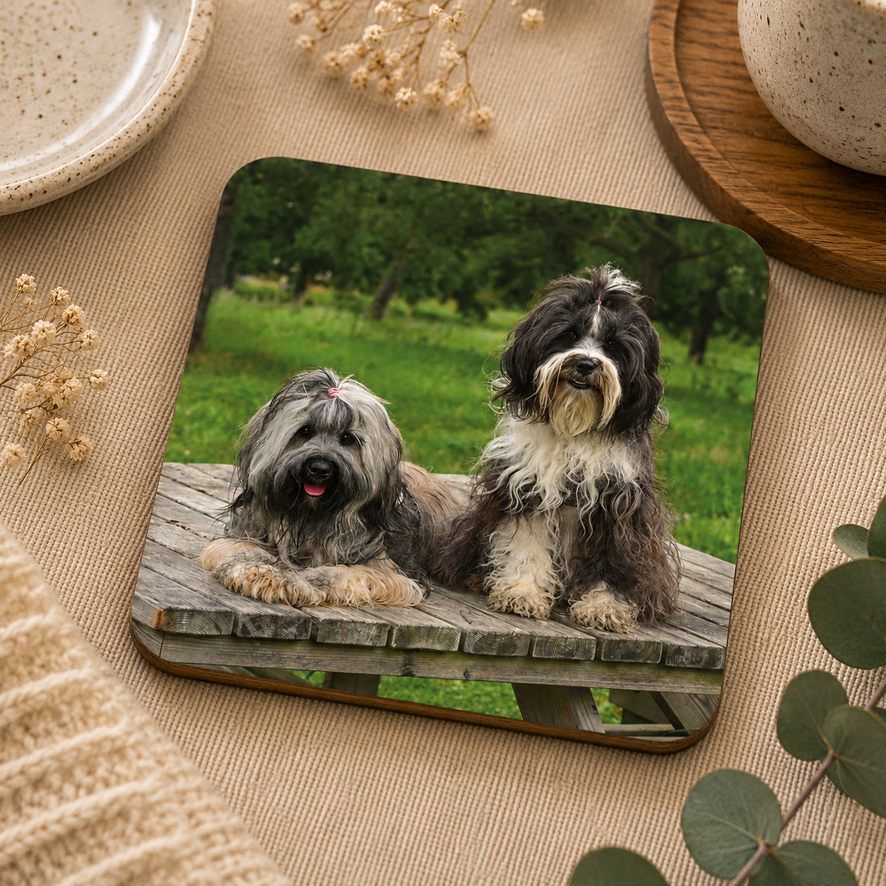 Square wooden coaster personalised with a pet photo of two dogs, set on a dressing table.