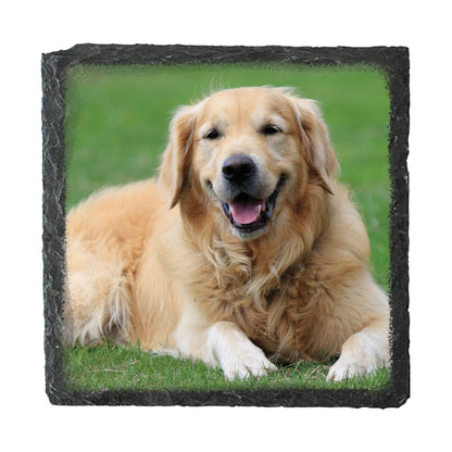 A square slate coaster with a personalised photo of a pet dog on it.