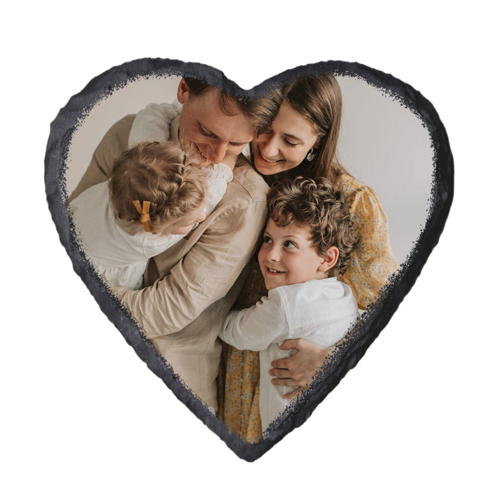 Heart-shaped personalised slate coaster with a photo of a family.